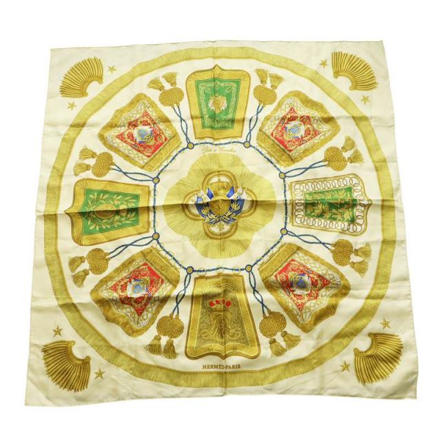 【中古】エルメス HERMES カレ90 Poste et Cavalerie サーベル飾り袋 大判 スカーフ ストール 総柄 ロゴ 黄 イエロー
