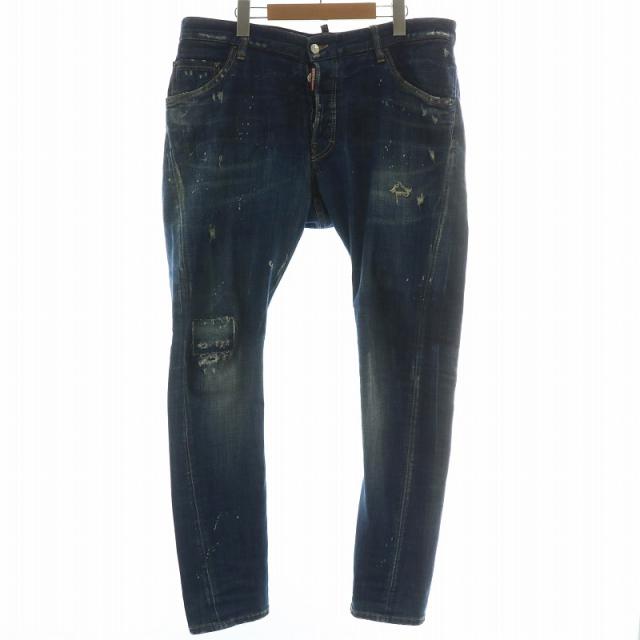 【中古】DSQUARED2 デニムパンツ ジーンズ テーパード ダメージ加工 ペイント加工 ボタンフライ ロゴ 48 M 青