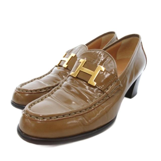 【中古】エルメス HERMES コンスタンス ローファー ヒール エナメルレザー 37.5 茶 ブラウン /JS ■GY40 レディース