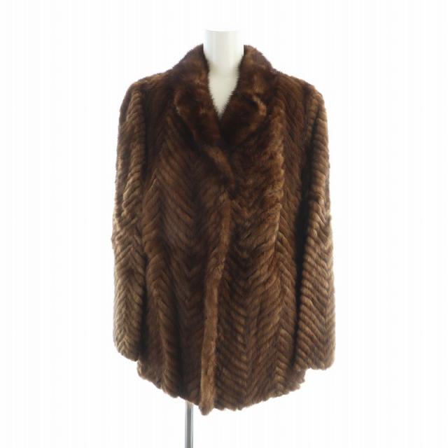 【中古】ノーブランド品 毛皮コート ミンクファー ミドル 長袖 総裏地 シェブロン 13 LL 茶 ブラウン