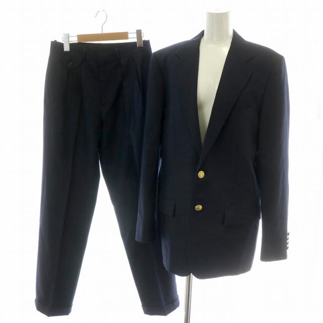 【中古】 Polo by Ralph Lauren シングル パンツスーツ セットアップ 上下 紺ブレ 背抜き 金ボタン ウール ネイビー