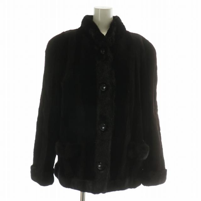 【中古】ノーブランド ファーコート アウター 毛皮 シェアードミンク 切り替え ミドル 肩パッド F 黒 ブラック