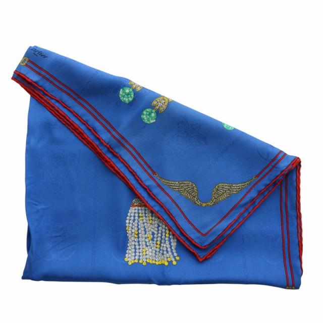 カルティエ Cartier マスト 宝石柄 総柄 スカーフ シルク レッド ブルー レディース 中古カルティエ Cartier must de cartier マストライン スカーフ 絹