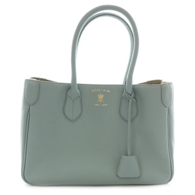 【中古】ADMJ アクセソワ ハンドバッグ トートバッグ レザー 皮革 ロゴ キーチャーム 青 ブルー 灰 グレー 金