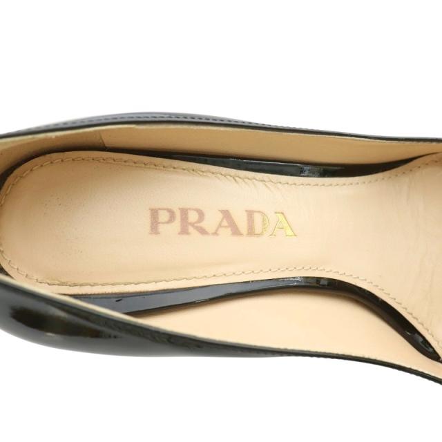 【中古】PRADA パンプス エナメル レザー ポインテッドトゥ ハイヒール リボン ロゴ ゴールド金具 35.5 22.5cm 黒
