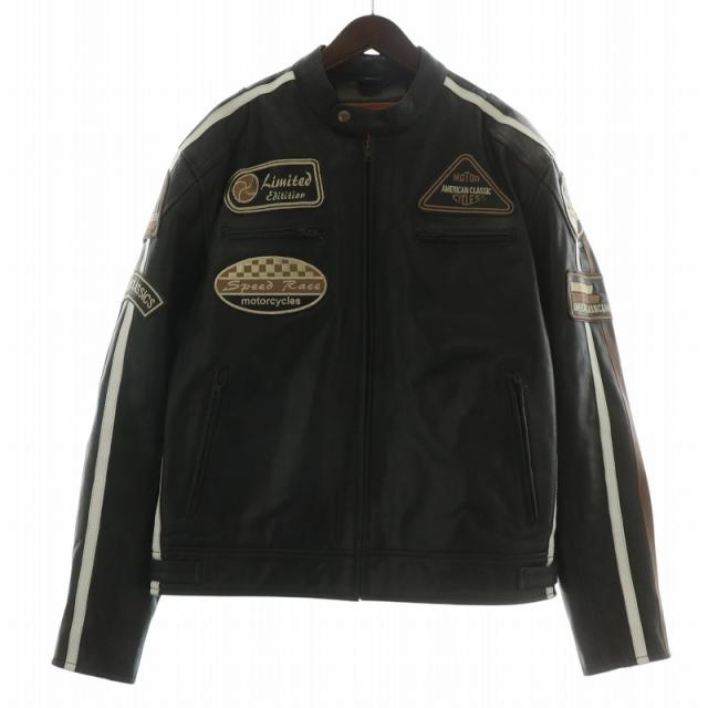 【中古】DEGNER レザージャケット ライダース シングル バイカー用 アウター 牛革 プロテクター ワッペン XL 黒