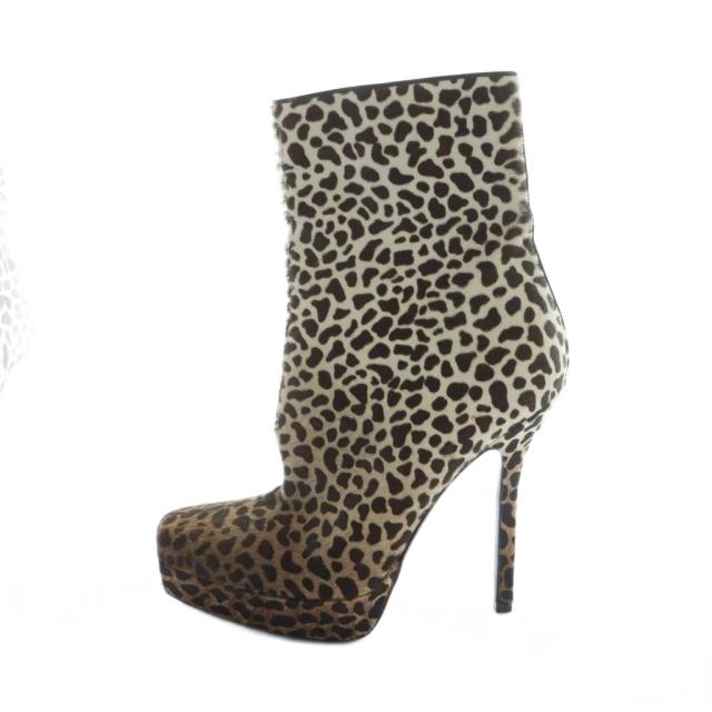 【中古】グッチ GUCCI ショートブーツ サイドジップ ハラコ レザー ロゴ ハイヒール スクエアトゥ ヒョウ柄