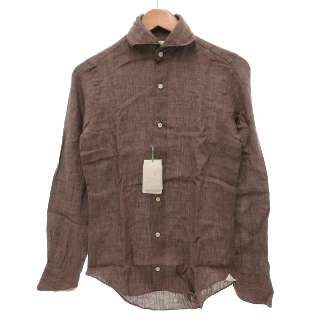 未使用品 フィナモレ finamore タグ付き シャツ 長袖 シアー 麻 リネン 36 茶 ブラウン /JS ■GY99 メンズ
