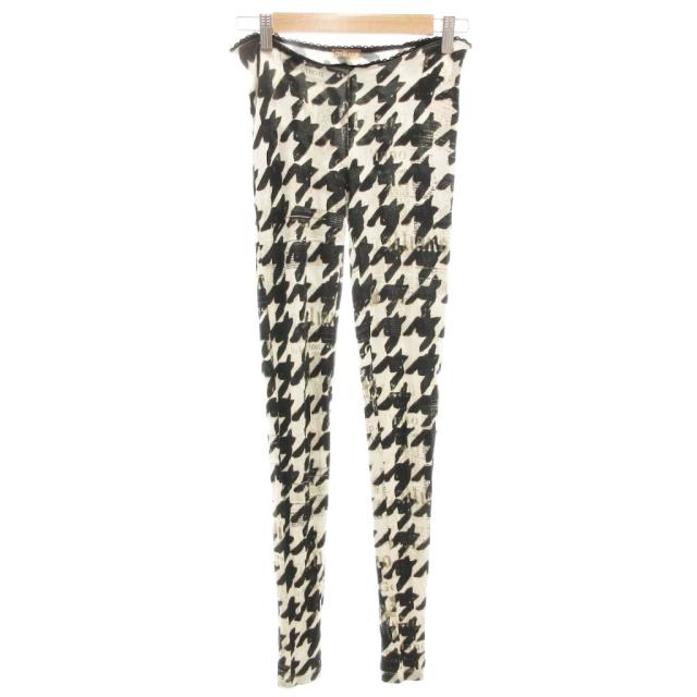 【中古】ガリアーノ GALLIANO レギンス トレンカ ニュースペーパー柄 千鳥格子柄 ロゴチャーム 38 黒 ブラック