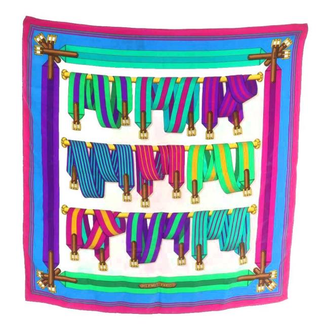 【中古】エルメス HERMES カレ90 J.METZ Les Sangles サスペンダーベルト スカーフ 絹 シルク 総柄 ロゴ マルチカラー