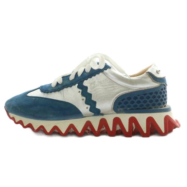 【中古】Christian louboutin ルビシャーク スニーカー スエード メタリックレザー 厚底 41.5 26.5cm 青 シルバー色