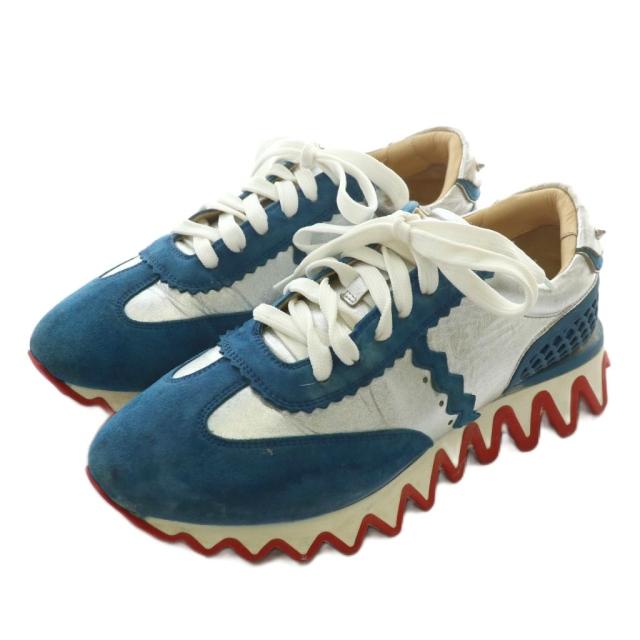 【中古】Christian louboutin ルビシャーク スニーカー スエード メタリックレザー 厚底 41.5 26.5cm 青 シルバー色