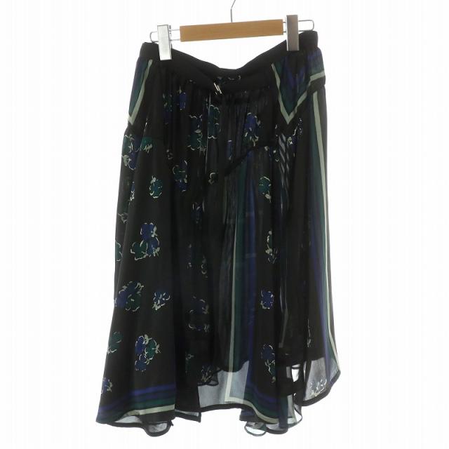 【中古】サカイ sacai ラップスカート プリーツ巻き ひざ丈 花柄 シアー 1 M 黒 ブラック 緑 グリーン青 ブルー