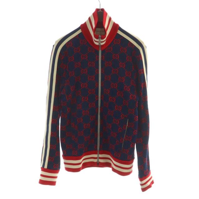 【中古】グッチ GUCCI トラックジャケット GGジャガード ジャージ 長袖 ジップアップ ロゴ 総柄 S 紺 ネイビー 赤