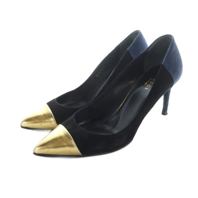 【中古】グッチ GUCCI パンプス ポインテッドトゥ ロゴ ハイヒール スエード レザー 36.5 23.5cm 黒 ブラック 紺