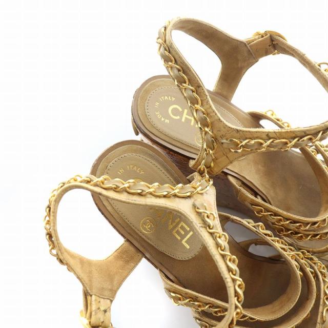 【中古】シャネル CHANEL サンダル コルク ウェッジ ソール レザー ロゴ ストラップ 37 23.5cm 茶 ブラウン