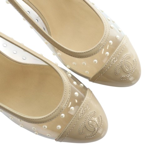 【中古】シャネル CHANEL パンプス ハイヒール エナメル レザー デザインパール PVC ロゴ 刺繍 37.5 24.5cm