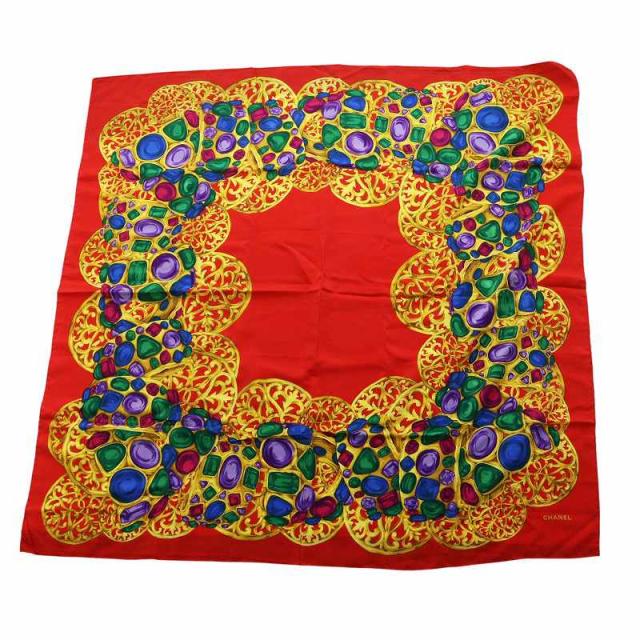 【中古】シャネル CHANEL 大判 スカーフ ストール グリポア ジュエリー 宝石 総柄 ロゴ シルク 絹100％ 赤 レッド