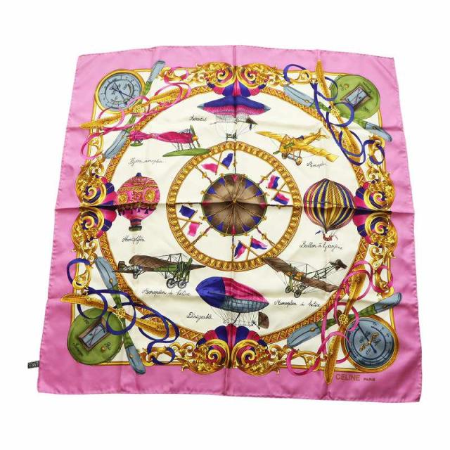 中古】セリーヌ CELINE 大判スカーフ ストール 絹 シルク 気球 飛行機