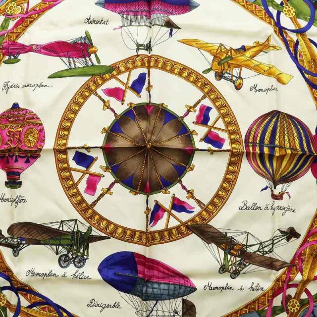 中古】セリーヌ CELINE 大判スカーフ ストール 絹 シルク 気球 飛行機