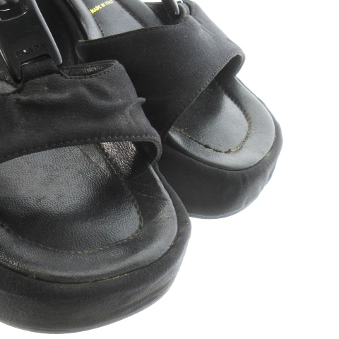 【中古】プラダ PRADA ストラップサンダル ウェッジソール ファブリック レザー 革 ロゴ刻印 35.5 22.5cm 黒