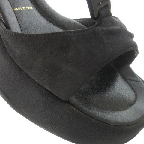 【中古】プラダ PRADA ストラップサンダル ウェッジソール ファブリック レザー 革 ロゴ刻印 35.5 22.5cm 黒