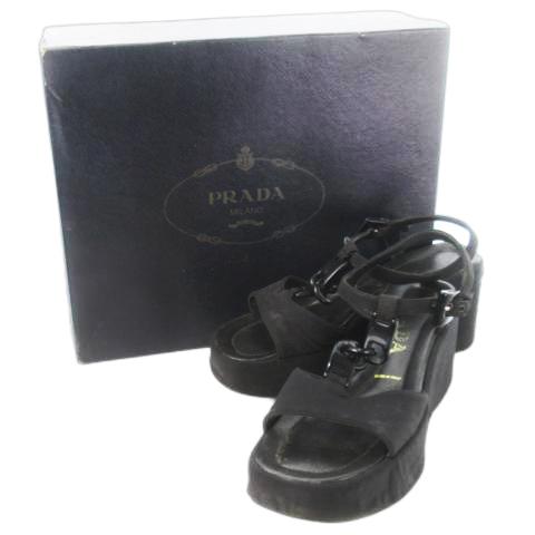 【中古】プラダ PRADA ストラップサンダル ウェッジソール ファブリック レザー 革 ロゴ刻印 35.5 22.5cm 黒