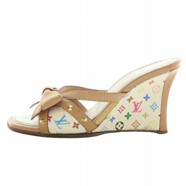 【中古】LOUIS VUITTON ミュール PVC レザー オープントゥ ウェッジソール モノグラム リボン 34 21.5cm 茶色 白