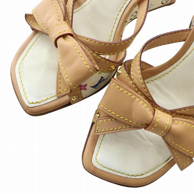 【中古】LOUIS VUITTON ミュール PVC レザー オープントゥ ウェッジソール モノグラム リボン 34 21.5cm 茶色 白