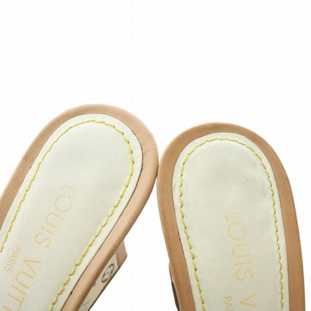 【中古】LOUIS VUITTON ミュール PVC レザー オープントゥ ウェッジソール モノグラム リボン 34 21.5cm 茶色 白