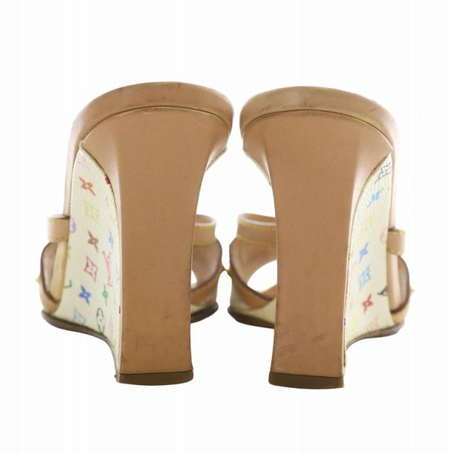 【中古】LOUIS VUITTON ミュール PVC レザー オープントゥ ウェッジソール モノグラム リボン 34 21.5cm 茶色 白