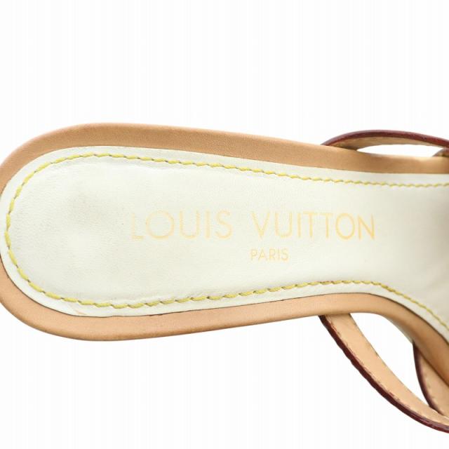 【中古】LOUIS VUITTON ミュール PVC レザー オープントゥ ウェッジソール モノグラム リボン 34 21.5cm 茶色 白