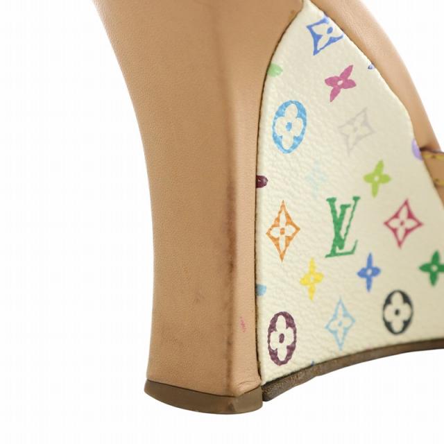 【中古】LOUIS VUITTON ミュール PVC レザー オープントゥ ウェッジソール モノグラム リボン 34 21.5cm 茶色 白