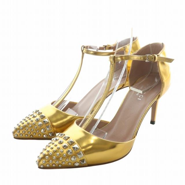 【中古】グッチ GUCCI パンプス レザー ポインテッドトゥ ハイヒール スタッズ ストラップ 34 21cm ゴールド色