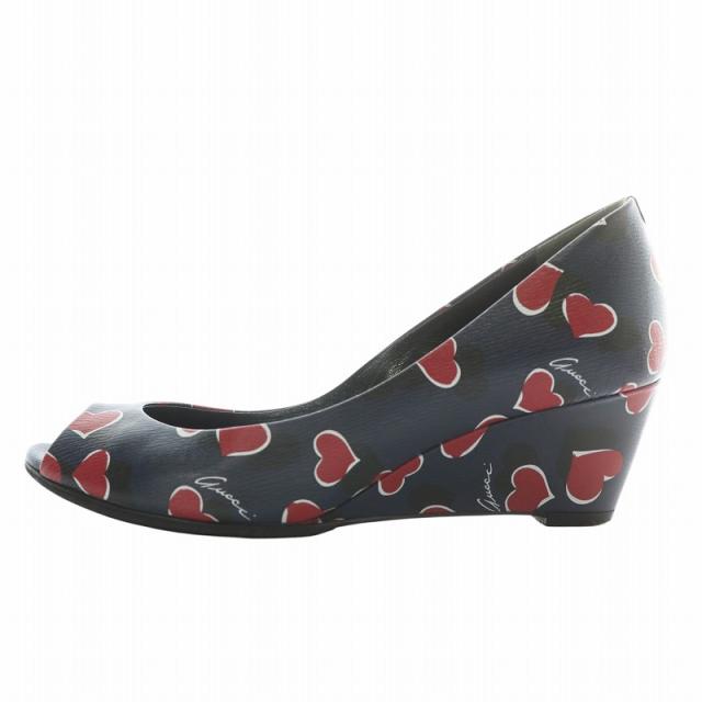 【中古】グッチ GUCCI パンプス レザー オープントゥ ウェッジソール ハート ロゴ 総柄 34.5 21.5cm 紺 赤 323535