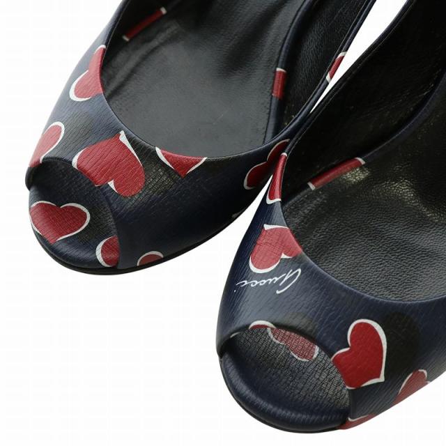 【中古】グッチ GUCCI パンプス レザー オープントゥ ウェッジソール ハート ロゴ 総柄 34.5 21.5cm 紺 赤 323535