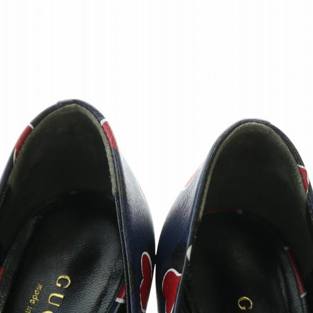 【中古】グッチ GUCCI パンプス レザー オープントゥ ウェッジソール ハート ロゴ 総柄 34.5 21.5cm 紺 赤 323535