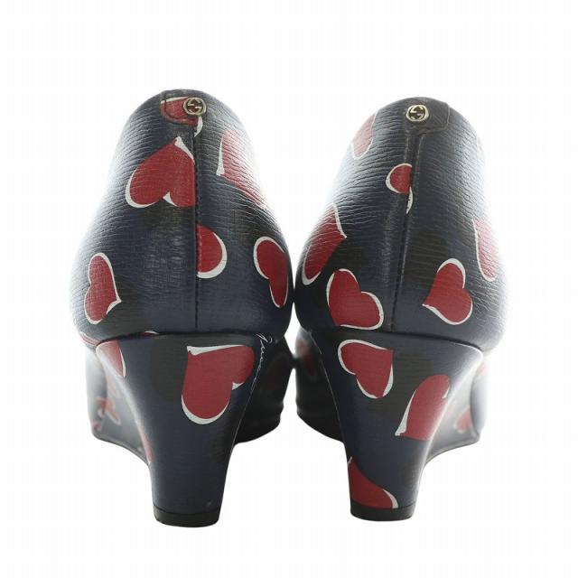 【中古】グッチ GUCCI パンプス レザー オープントゥ ウェッジソール ハート ロゴ 総柄 34.5 21.5cm 紺 赤 323535