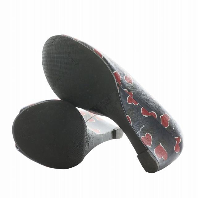 【中古】グッチ GUCCI パンプス レザー オープントゥ ウェッジソール ハート ロゴ 総柄 34.5 21.5cm 紺 赤 323535