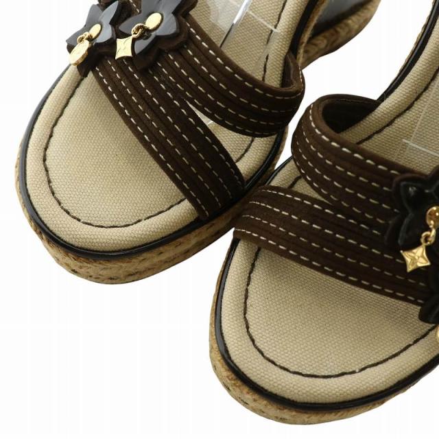 【中古】LOUIS VUITTON サンダル エナメル エスパドリーユ ウェッジソール ストラップ 34 21.5cm 茶色 ベージュ