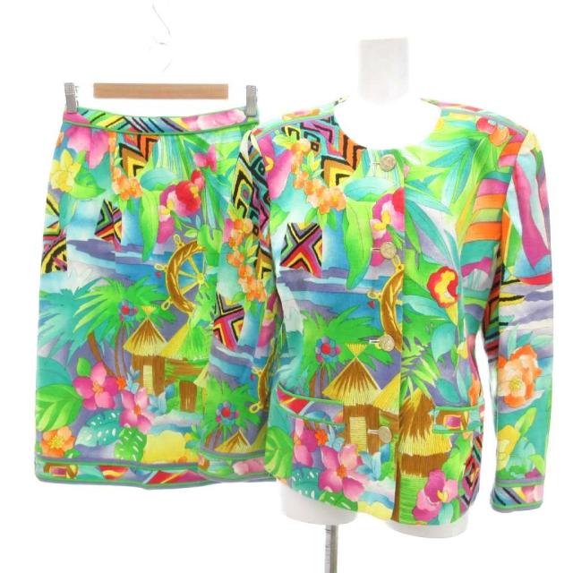 【中古】レオナール ヴィンテージ セットアップ ノーカラージャケット ミディスカート 麻 リネン トロピカル柄 9AR