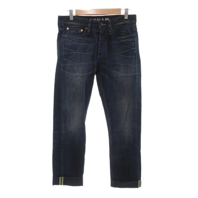 【中古】デンハム DENHAM RAZOR SLIM デニムパンツ ジーンズ USED加工 刺繍 革パッチロゴ 29 インディゴブルー /JS