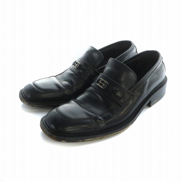 【中古】グッチ GUCCI ビジネスシューズ ローファー レザー スクエアトゥ 革靴 ロゴ 11 30cm 黒 ブラック ■GY18