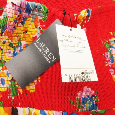 【中古】未使用品 ローレンラルフローレン ティアードスカート ロング ハイウエスト ウエストゴム シアー 花柄 S 赤 中古】未使用品 ローレンラルフローレン ティアードスカート ロング