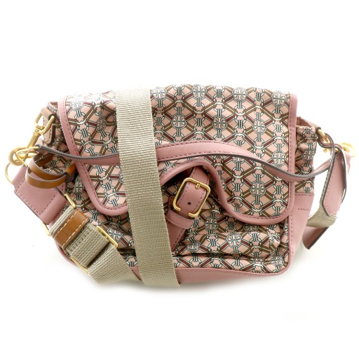 【中古】トリーバーチ ハンドバッグ ショルダーバッグ 2WAY 総柄 レザー 皮革 ダブルTロゴ キルティング ピンク 金
