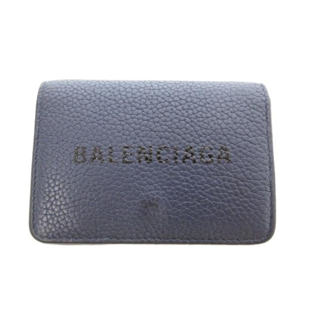 【中古】バレンシアガ BALENCIAGA キャッシュ 三つ折り財布 ウォレット レザー ロゴプリント ネイビー /UO