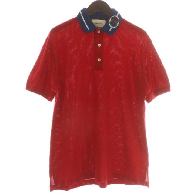 【中古】グッチ GUCCI ポロシャツ 半袖 インターロッキングG 刺繍 M 赤 レッド 紺 ネイビー /XZ ■GY18 メンズ