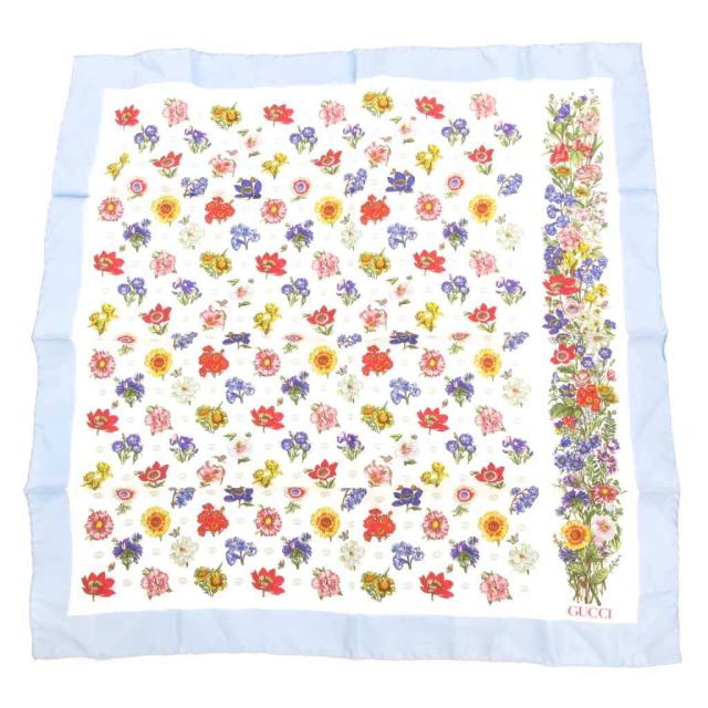 【中古】グッチ GUCCI スカーフ シルク 絹100％ フラワー 花柄 インターロッキング GG 総柄 白 ホワイト 水色