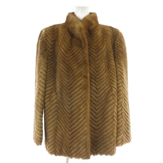 【中古】ノーブランド ファーコート アウター 毛皮 ミンク ミドル 肩パッド ヘリンボーン 15 XXL 茶色 ブラウン