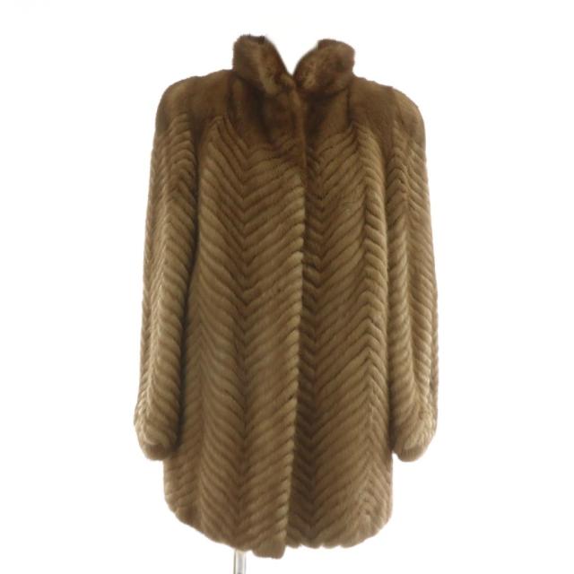 【中古】キタムラファー KITAMURA FUR ファーコート アウター 毛皮 ミンク ミドル 肩パッド ヘリンボーン 11 L 茶色